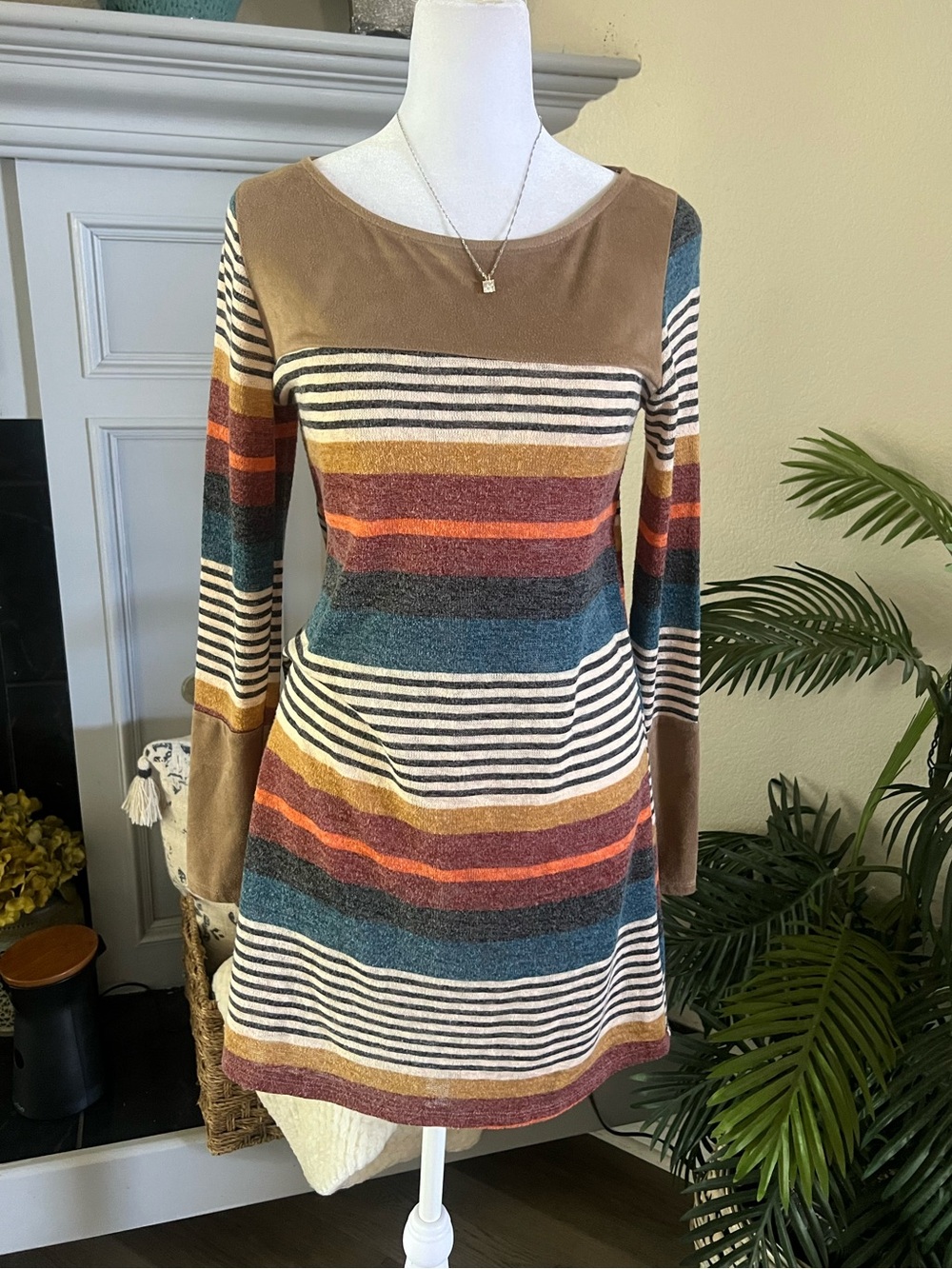Wanna B Coastal Country Striped Long-Sleeve Knit Dress in Brown and Teal
